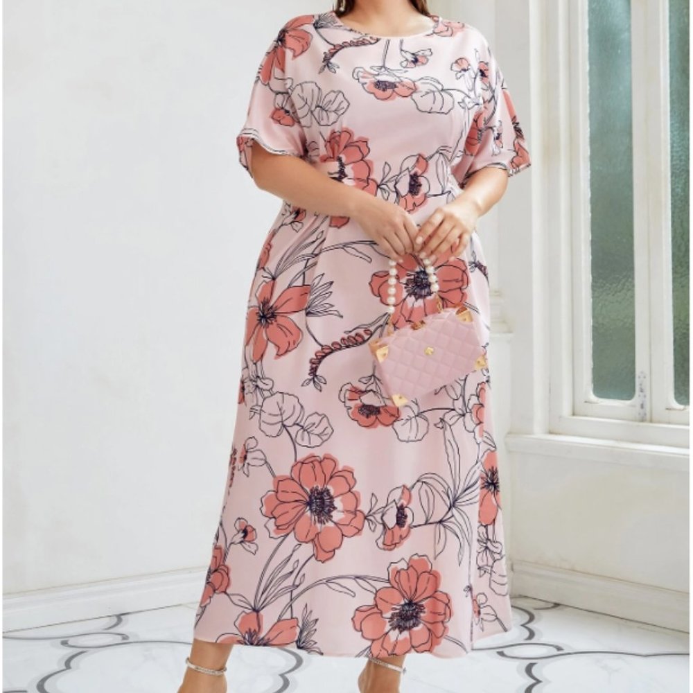 SHEIN Plus Floral Print Dolman Sleeve Dress